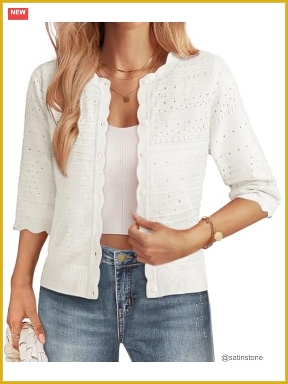 3/4 Sleeve Cropped Cardigan Sweater Women Lightweight Knit Crochet